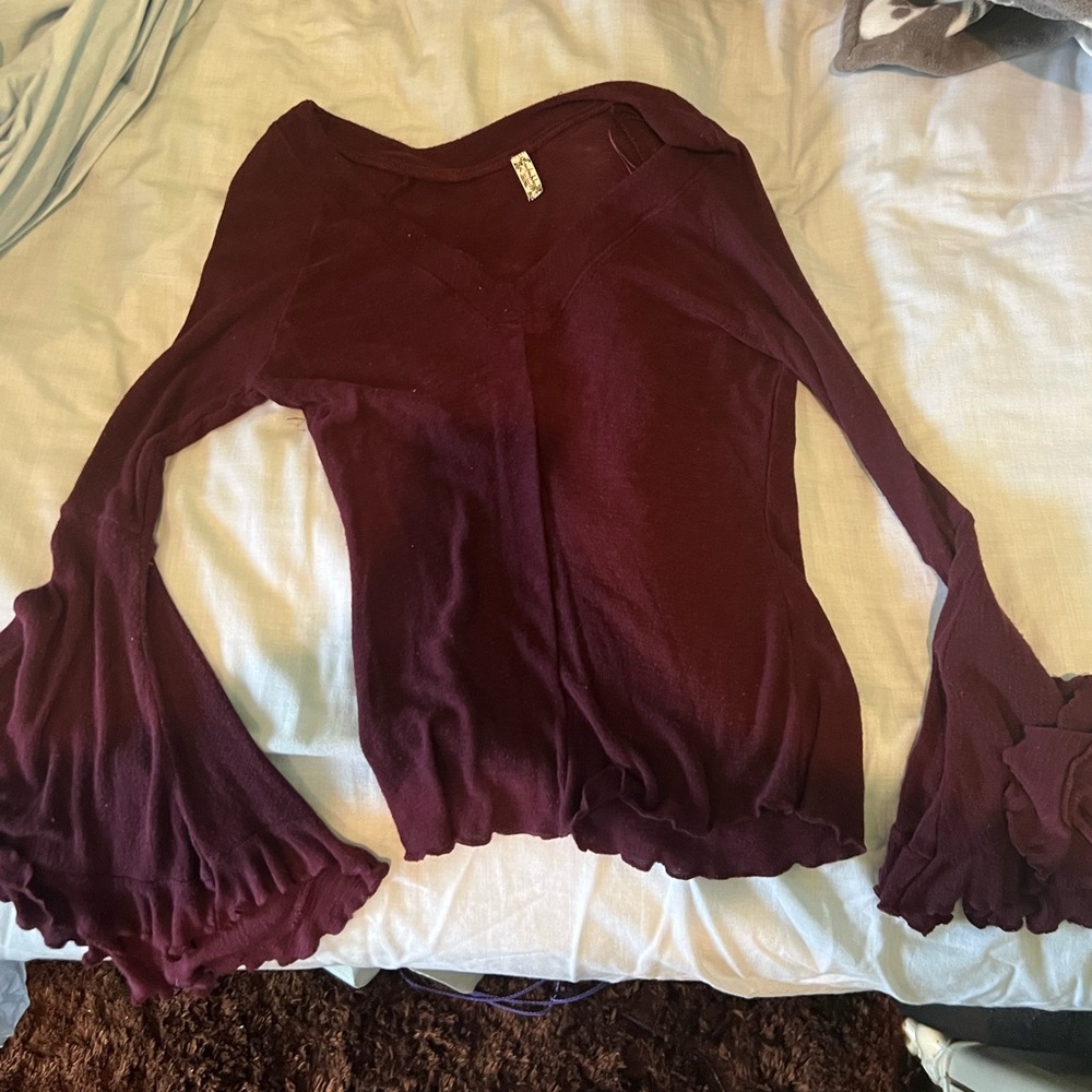 Free People Intimately maroon long sleeve t shirt with bell sleeves.